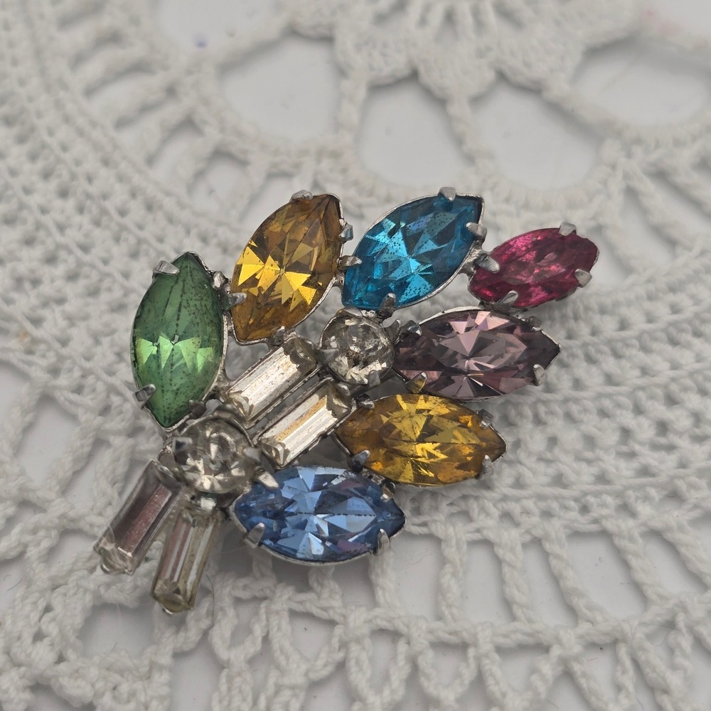 Vintage Fruit Salad Rhinestone Brooch Silver Tone Navette Baguette Spray Pin
